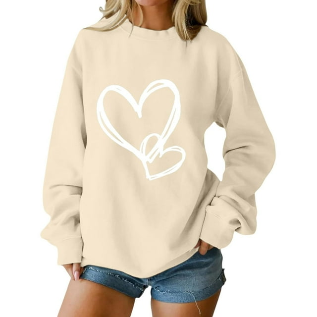 SOMOWI Chandail de la Saint-Valentin pour Femmes Sans Capuche Col Rond Manches Longues Décontracté chandail Doux Tricoté Beige pour Temps Froid m