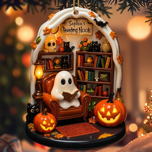 Halloween Ghost Reading Book Hanging Decoration, 2D Flat Ghost Ornament, Spooky Indoor Window Wall Decor Sign for Home Living Room Bedroom Party, Halloween Night Decor