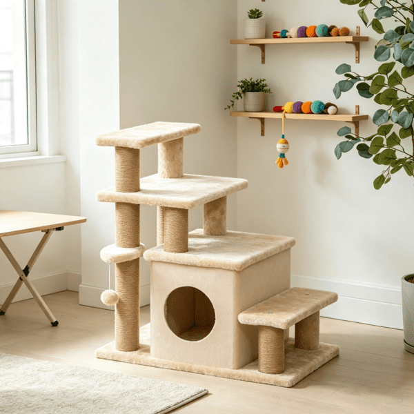 Adjustable Cat Stairs Scratching Post & Toy Ball, 3/4-Step Design, for Bed & Sofa, Beige
