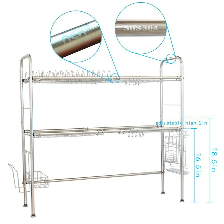 JASIWAY 34.6 in. Gray Stainless Steel 2-Tier Adjustable Dish Rack Standing Drying Rack Dish Drainers with 6 Hooks