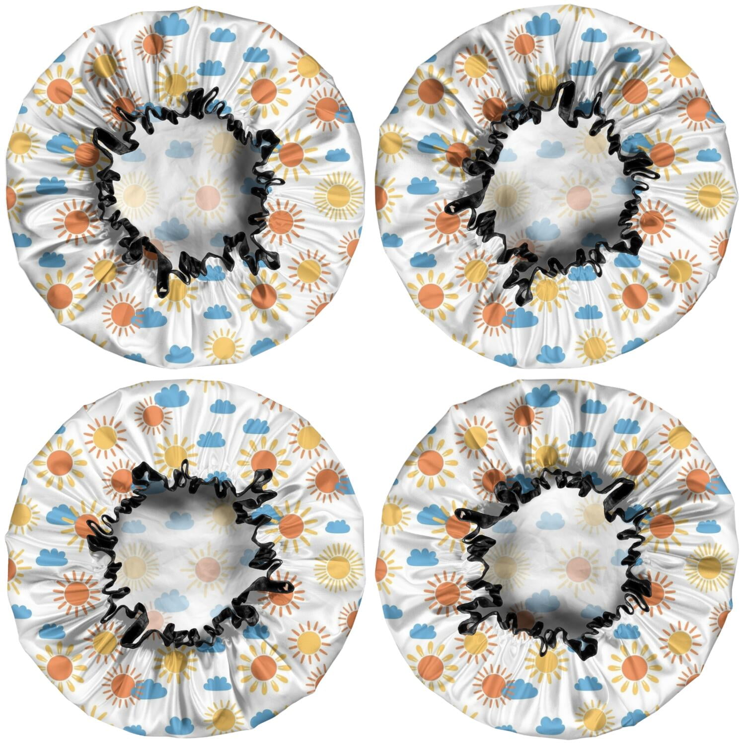 Shower Caps,White Sun Cloud Pattern Waterproof Shower Cap for Women 4 Pieces,Double Reusable Hair Cover for Shower PEVA Elastic Stretch Hem