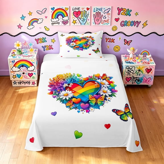Manfei Rainbow Love Heart Twin Sheets, Butterfly Groovy Flower Bedding, White Blue, 3 Pieces, 1 Flat Sheet, 1 Fitted Sheet and 1 Pillowcase
