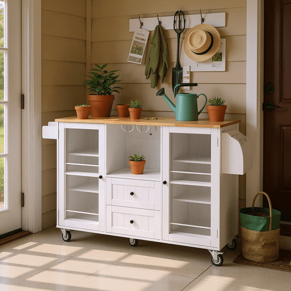 Homy Casa 50.4" Rolling Garage Storage Cabinet with Drop-Leaf Worktop, Drawers and Side Racks, White