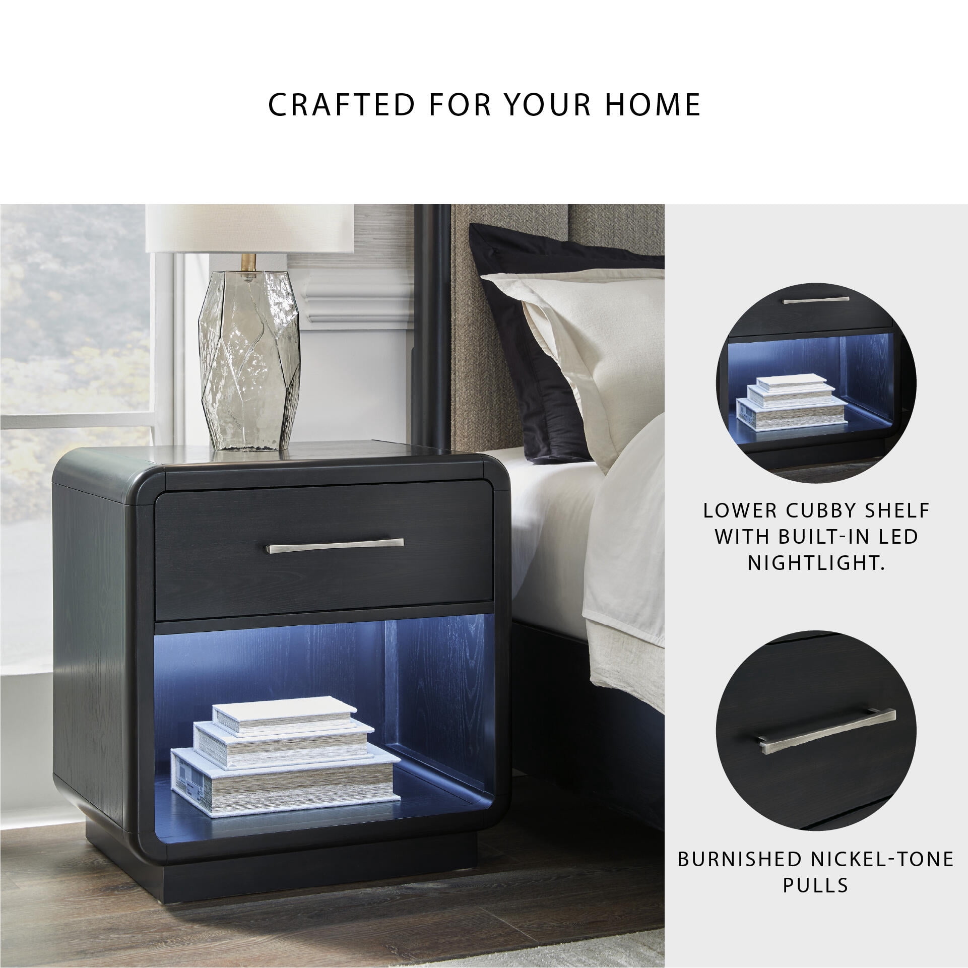 Signature Design by Ashley Rowanbeck 1-Drawer Nightstand, Black, Contemporary Bedside Table with LED Nightlight and USB Charging