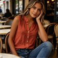 thumbnail image 4 of vigerkar Womens Sleeveless Button Down Shirts Cotton Linen Tank Tops V Neck Dressy Casual Loose Blouses Business Work Tops (Orange, L), 4 of 8