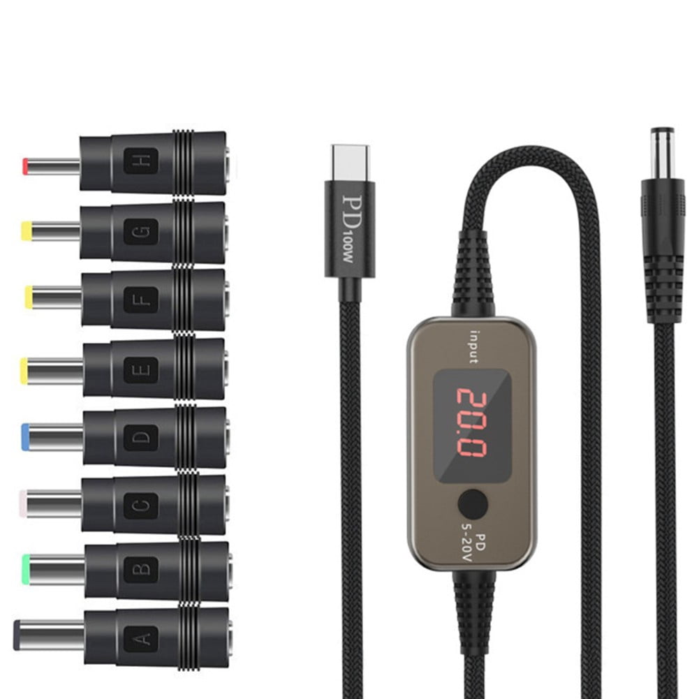 100W USB C to DC Adapter Cable with Connector Tips & LED Display