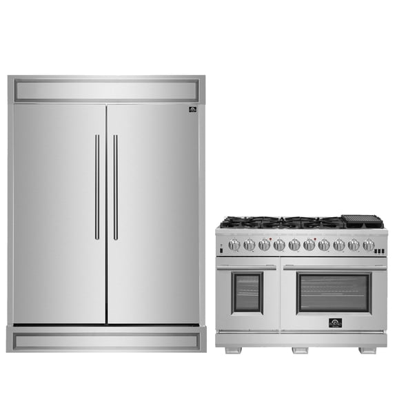 FORNO Premium 2-Piece Kitchen Bundle - Capriasca 48" Stainless Steel Range, Maderno 2-28 " Wide Units with Decorative Trim
