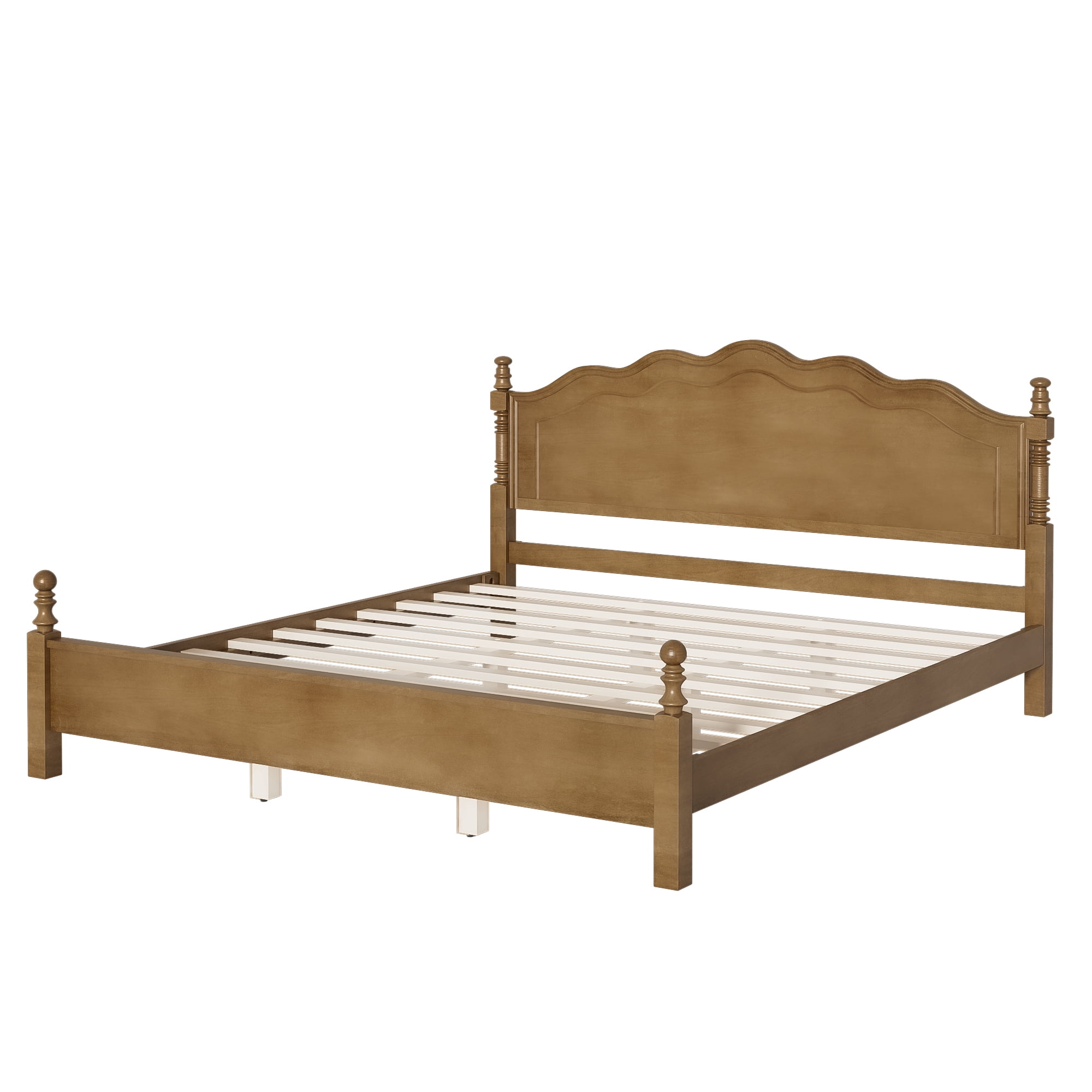 Euroco Wood King Size Platform Bed, Classic American Vintage Style Wood Bed with Curved Headboard, No Box Spring Needed, Dark Oak