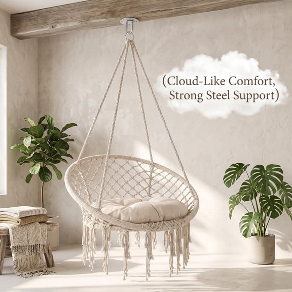 WEIZHUO Hammock Swing Chair with Thick Cushion,Portable Hanging Chair,380 lbs Capacity,Relax Hanging Rope Swing Chair for Bedroom, Balcony, Garden(Beige)
