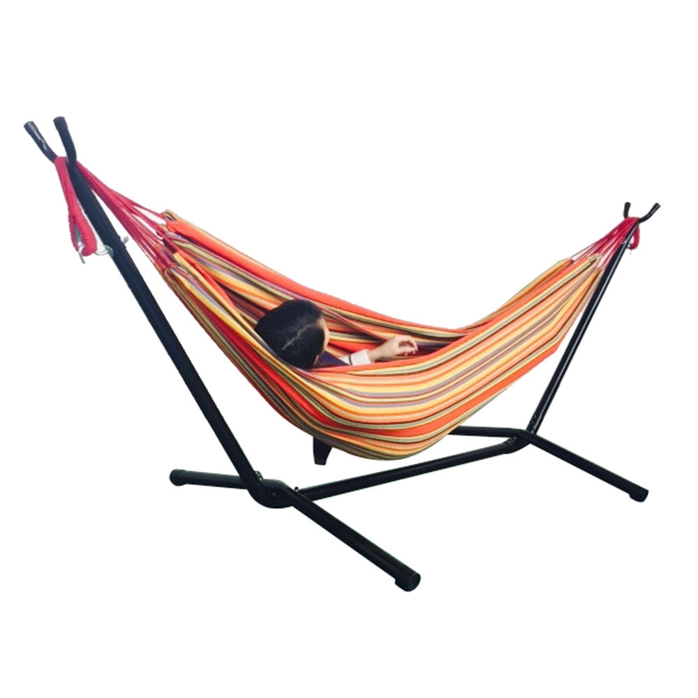 Outdoor Hammock with Stand, 2-Person Outdoor Hammock Bed, Portable Rope Hammock Bed for Outdoor/Patio/Porch, Freestanding Swing Hammock Set, Cotton Hammocks with Stand, Max 350lbs, R013