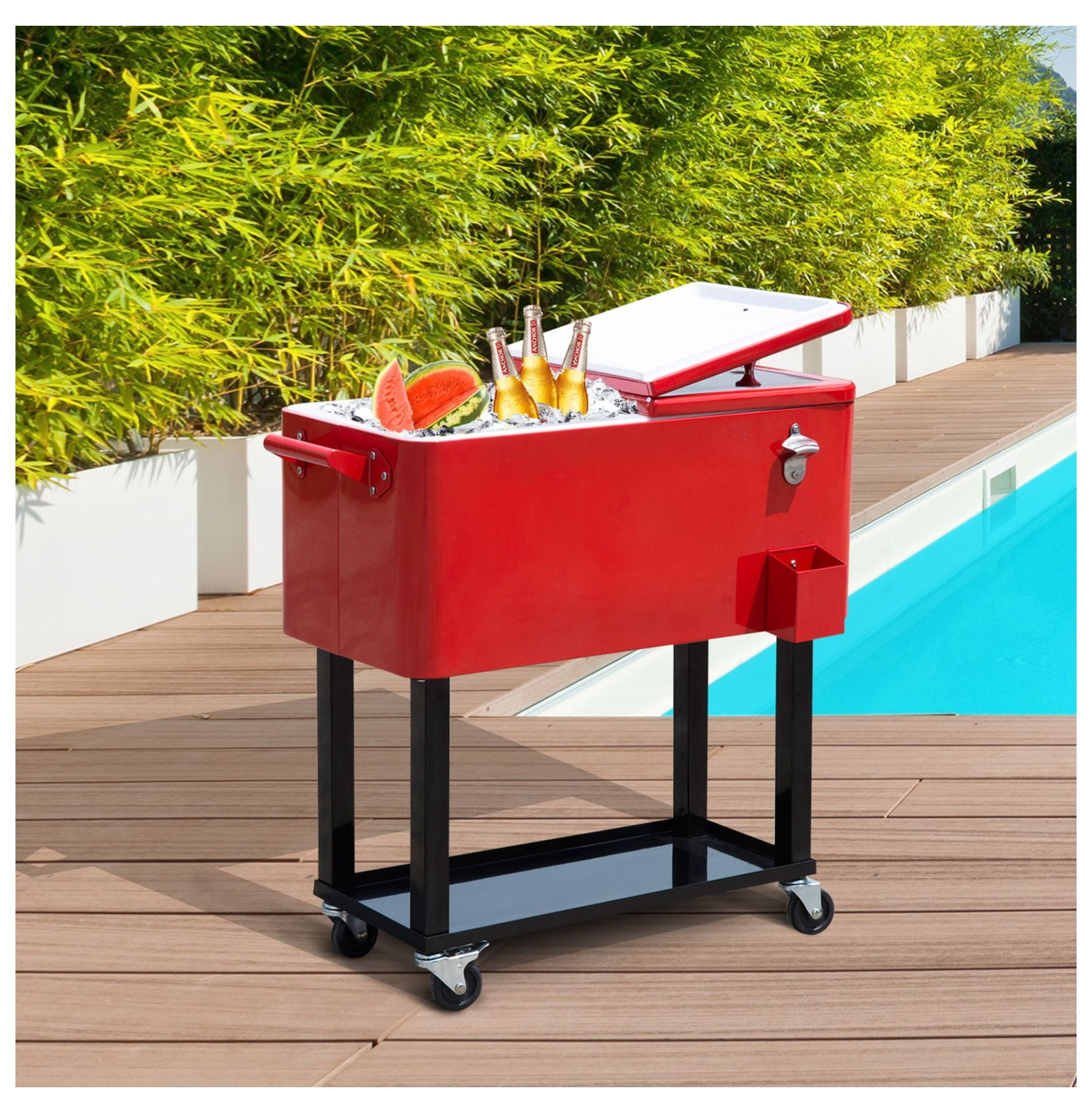 80 QT Rolling Cooler Cart, Red Ice Chest on Wheels for Parties & Outdoors