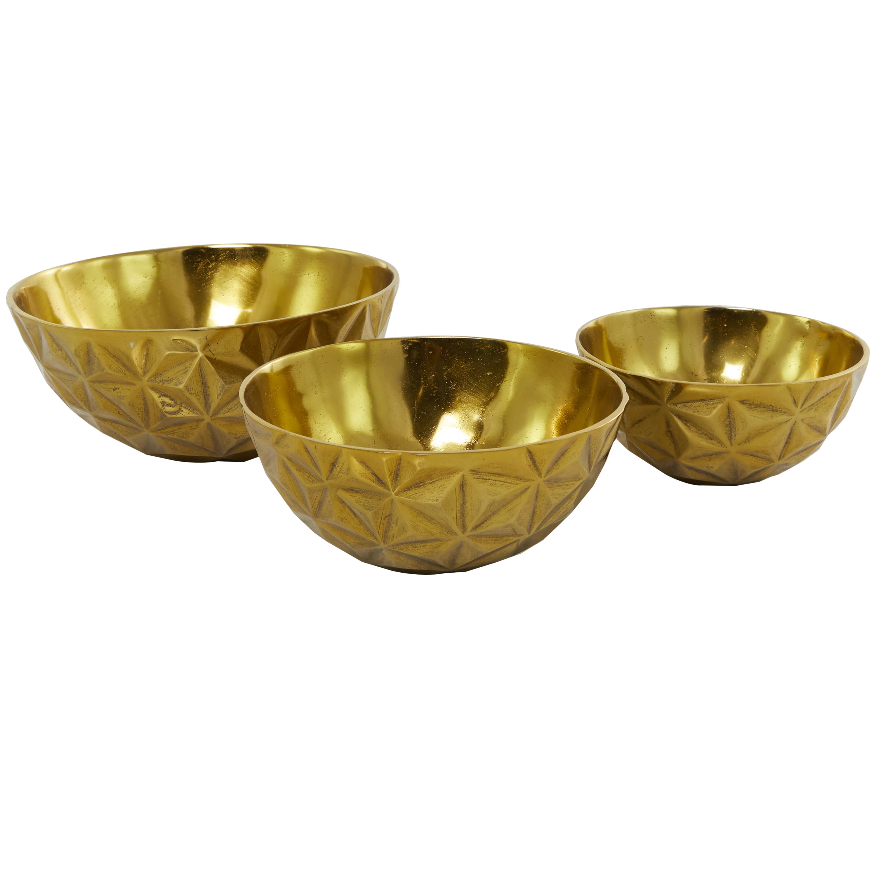 DecMode Modern Aluminum Round Shaped with Faceted Surface Decorative Bowl with Gold Glossy Interior Finish, Set of 3 14", 12", 10"
