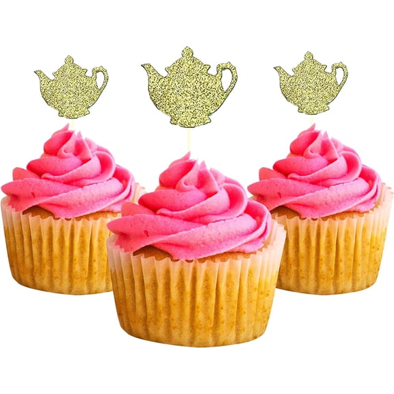 Tea pot Cupcake Topper 12 Pack Cupcake Topper Decoration Cake Gold