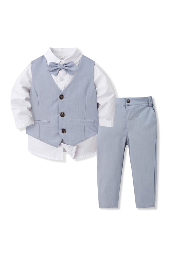 Baby Boys Suit Set Toddler Kids Long Sleeve Formal Dress Shirt with Bowtie Vest Pants Clothing Set Tuxedo Wedding Party Outfits