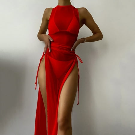 MSJUHEG Sheer Cover Ups Cute Coverups Womens Swimsuit Cover Up Dress Bikini Draped Mesh Cover Up Hight Split Fork Beach Wrap Bikini Shiny Wraps Cover Ups Mesh Cover Up Bikini Cover Up Dress Red L