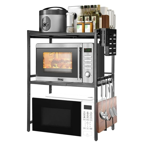 Estante para Microondas Organizador de Cocina, Estante Extensible de 3 Niveles con Ganchos para Utensilios, Tabaquera y Portatablas,Soporte para microondas para Cocina Negro