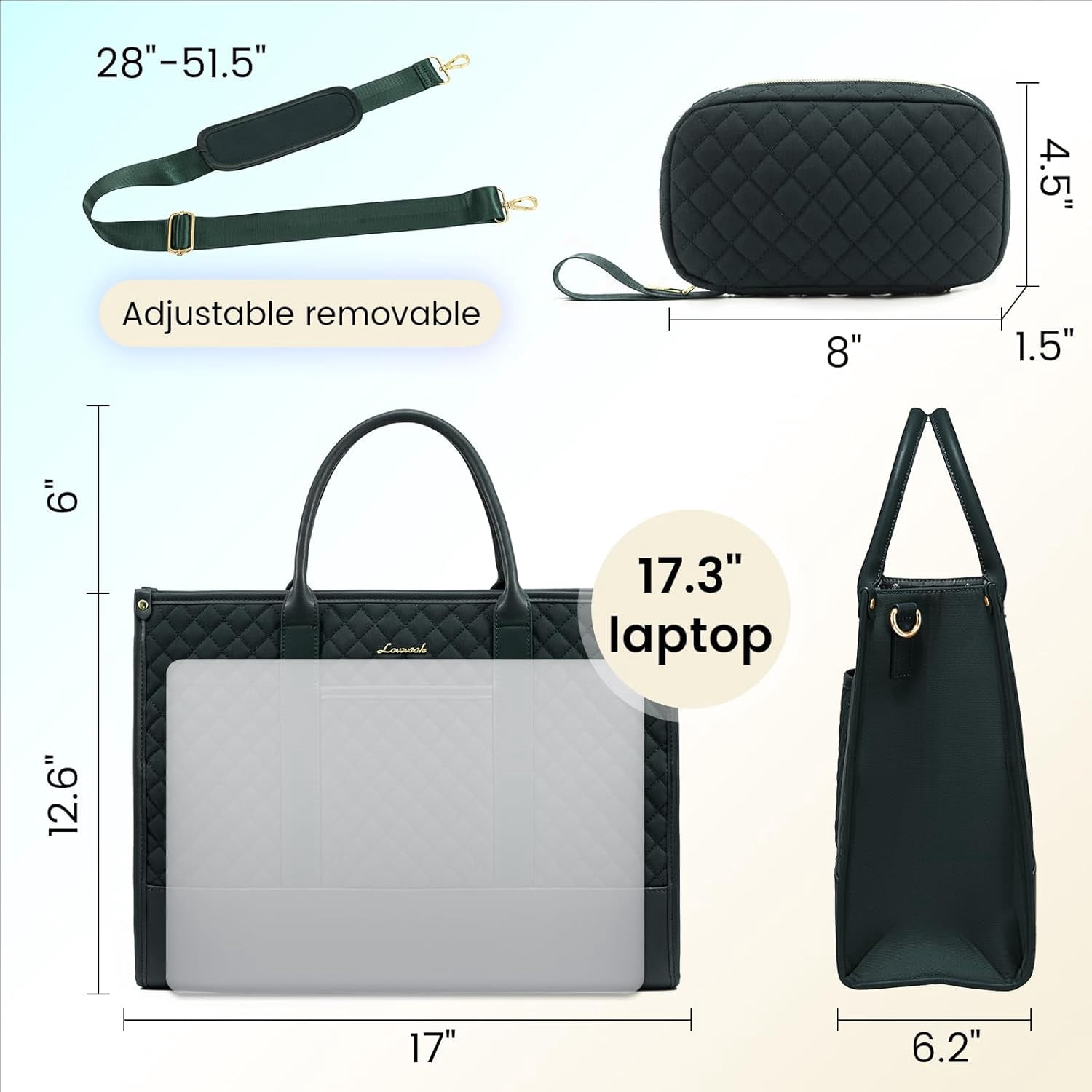 LOVEVOOK Laptop Bags for Women, 15.6 inch Waterproof Work Tote Bag with Clutch, Professional Teacher Computer Purse Lightweight Shoulder Bag Travel, Quilted Black