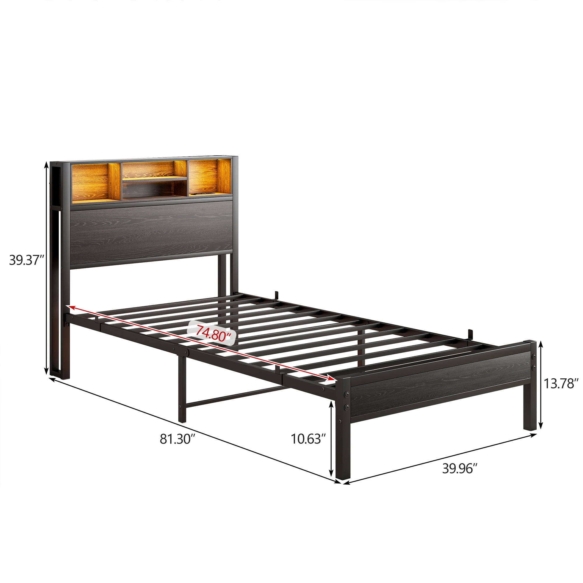 Yoneston Twin Size Bed Frame with Storage Headboard and LED Light, Metal Platform Bed with Charging Station & Bookcase Storage, Black