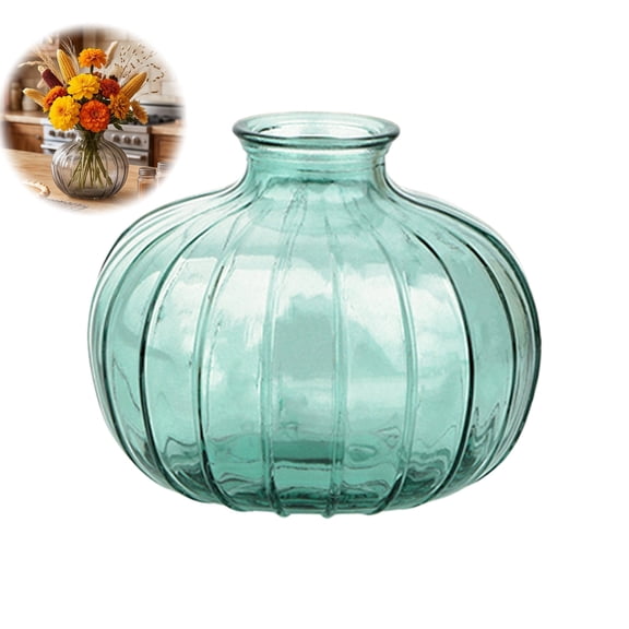 MYUNNIL Halloween Transparent Pumpkin Glass Vase, 3" Fall Rustic Small Pumpkin Shaped Washable Tabletop Floral Accessory, Creative Seasonal Practical Planter for Home Indoor Decor, Green