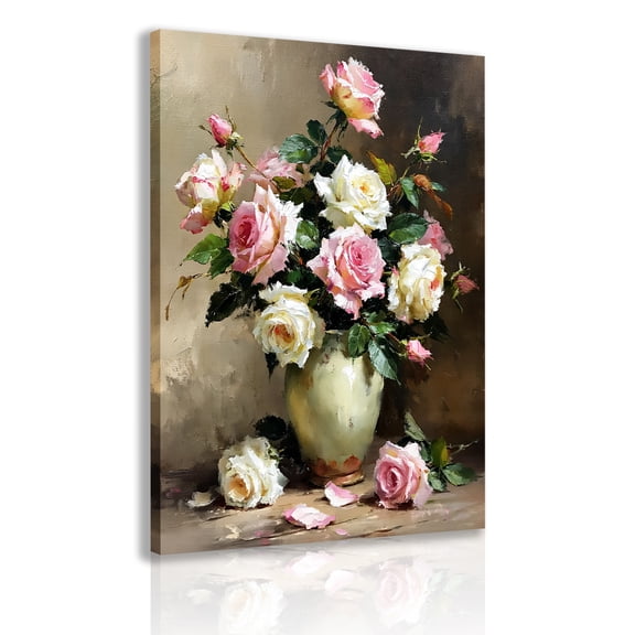 Still life wall art of pink and white roses, romantic rose bouquet paintings in soft tones, vintage oil painting style floral prints, bedroom home decor frames.