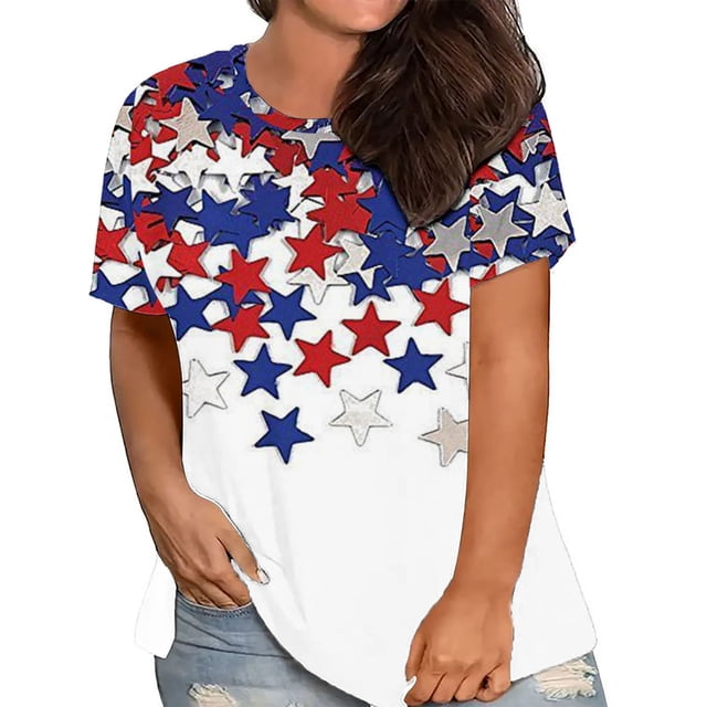 Fartey T-Shirts du 4 Juillet pour Femmes Grande Taille Patriotiques Rouge Blanc et Bleu T-Shirts Graphiques Coupe Ample Manches Courtes T-Shirts Classiques Col Rond Blouses Hauts Blouses Grande Taille pour Femmes