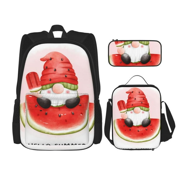 Disketp Watermelon Gnome Mochila Estampada de Gran Capacidad con Lonchera y Estuche, Set de 3 Piezas para Estudiantes