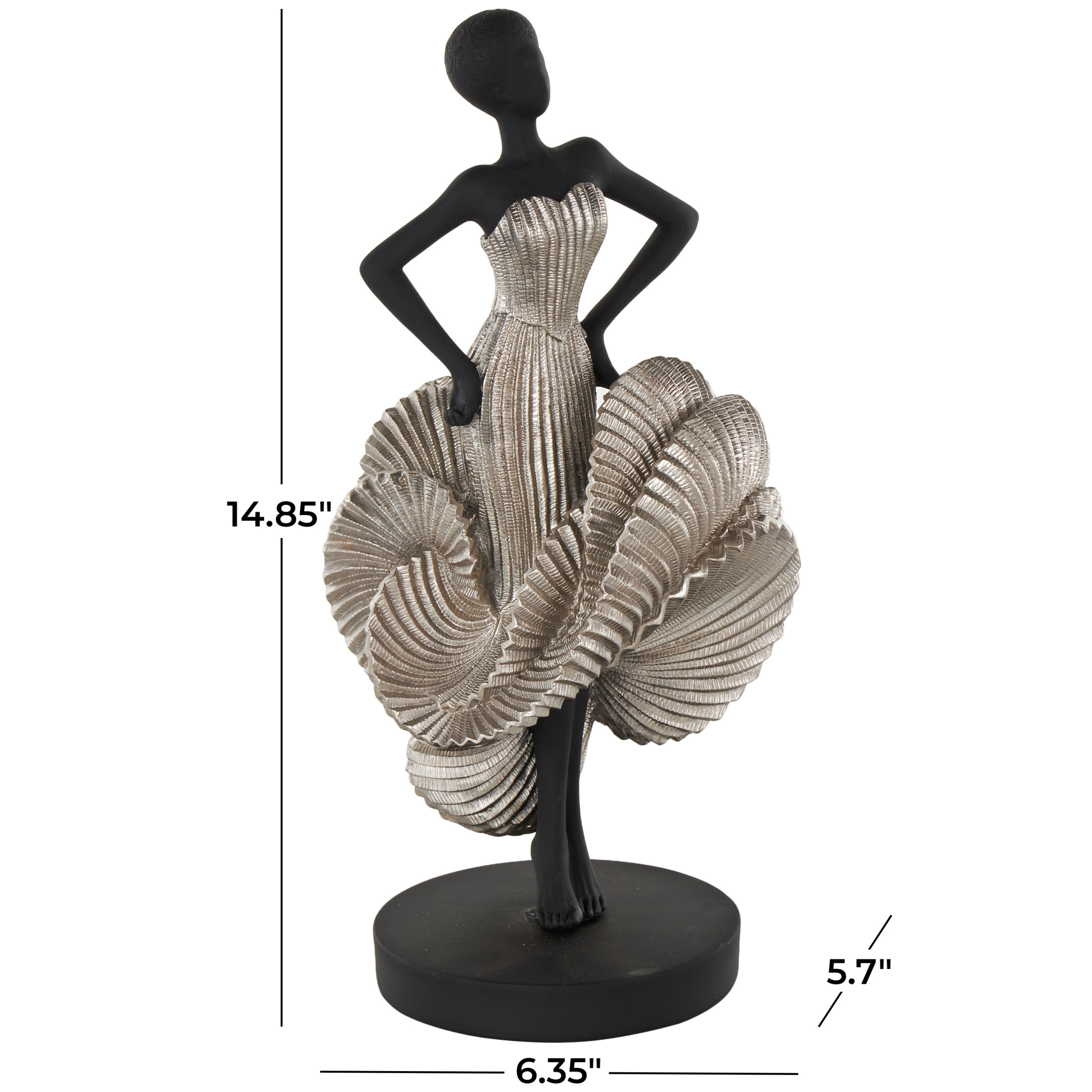 6" x 14" Black Polyresin Dancer Sculpture with Silver Dress, by DecMode