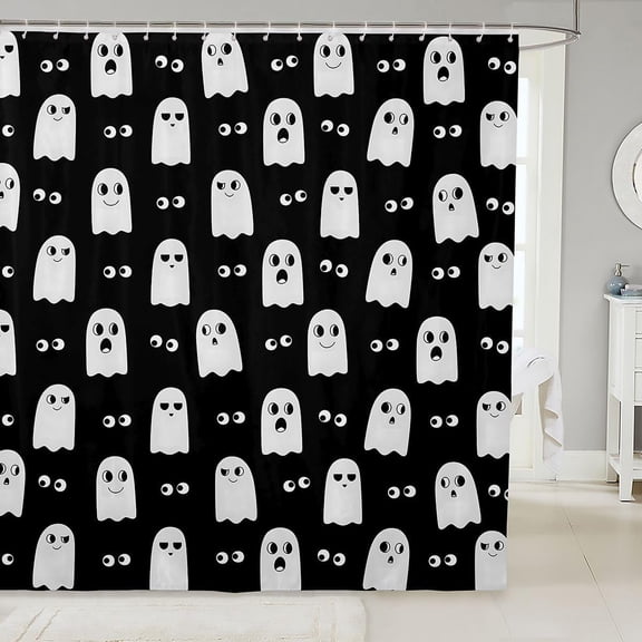 Halloween Ghost Shower Curtain Black And White Cute Spooky Poltergeist Bathroom Decor With Hooks 71x71 inches