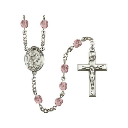 St. Martin of Tours Silver-Plated Rosary 6mm June Light Purple Fire Polished Beads Crucifix Size 1 3/8 x 3/4 medal charm