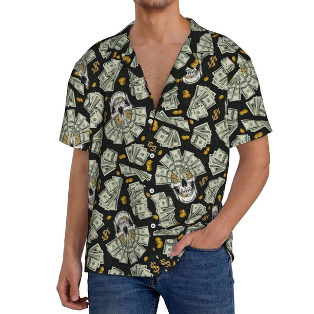 Fotbe Skull with Dollar Camisa Estampada de Manga Corta para Hombre, Casual de Verano, Estilo Playero, Sin Arrugas-Large