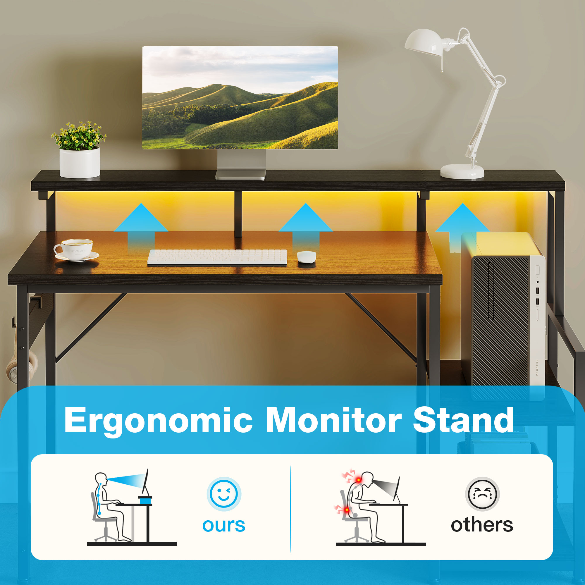 Casacomoda 48" Computer Desk with Monitor Stand and LED Lights, Black photo 4