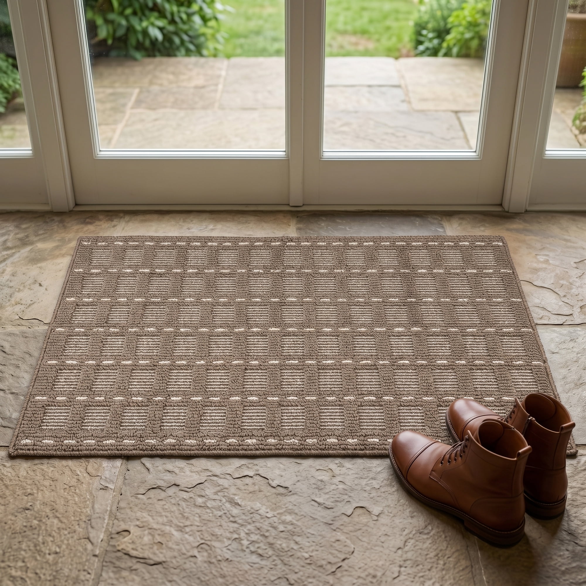 Unique Bargains Geometric Waterproof Non-Slip Entryway Rug Welcome Mat Brown 32" x 20"