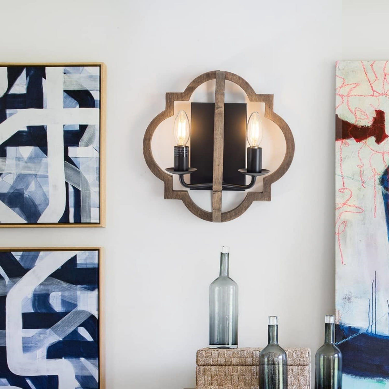 Wood Wall Sconces Retro Industrial Wall Light Farmhouse Geometric Bedside Wall Lamps Fixture Black Wall Mount Sconces for Bedroom, Hallway, Entryway, Passway, 2 Pack