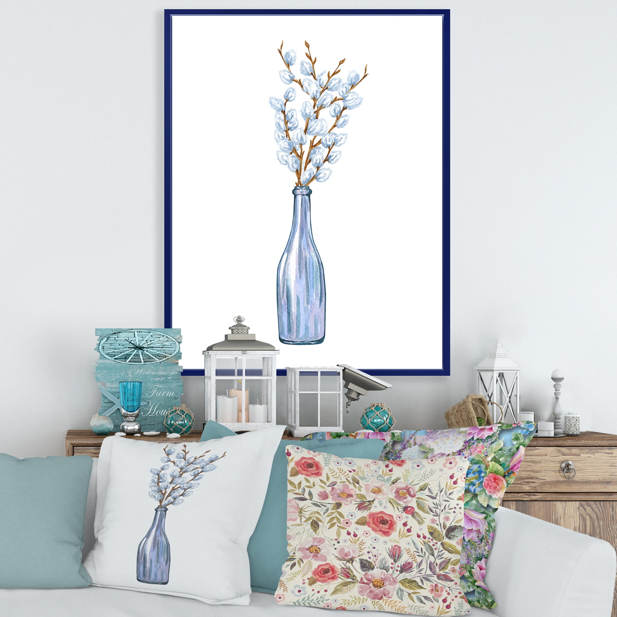 Designart 'Bunch of White Pussy Willow Twigs II' Farmhouse Framed Canvas Wall Art Print
