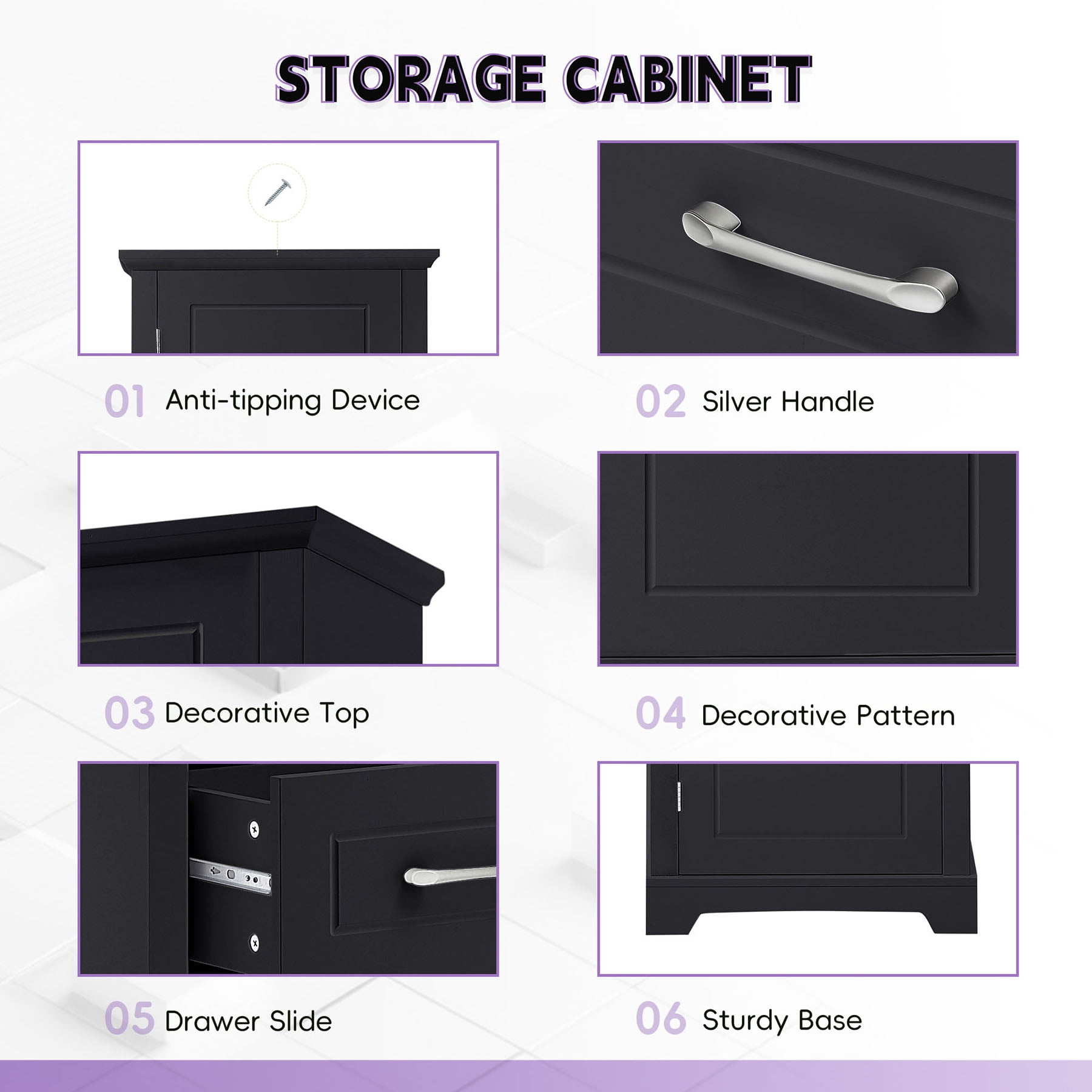 S-HOME Freestanding Black Bathroom Storage Cabinet Featuring Adjustable Shelves, Two Doors and Modern Handle Design for Easy Use