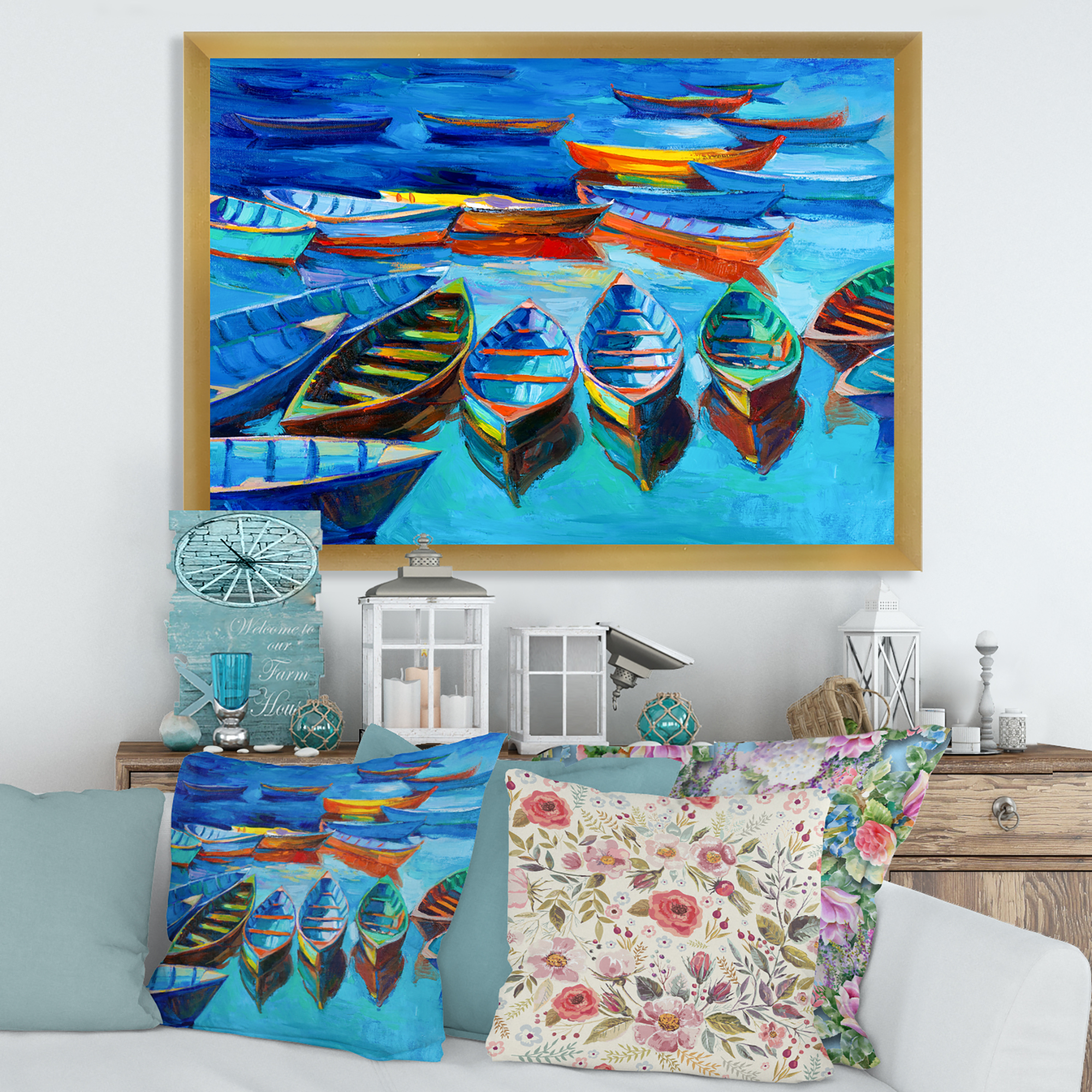Designart 'Little Boats Wating In The Blue Harbour' Nautical & Coastal Framed Art Print