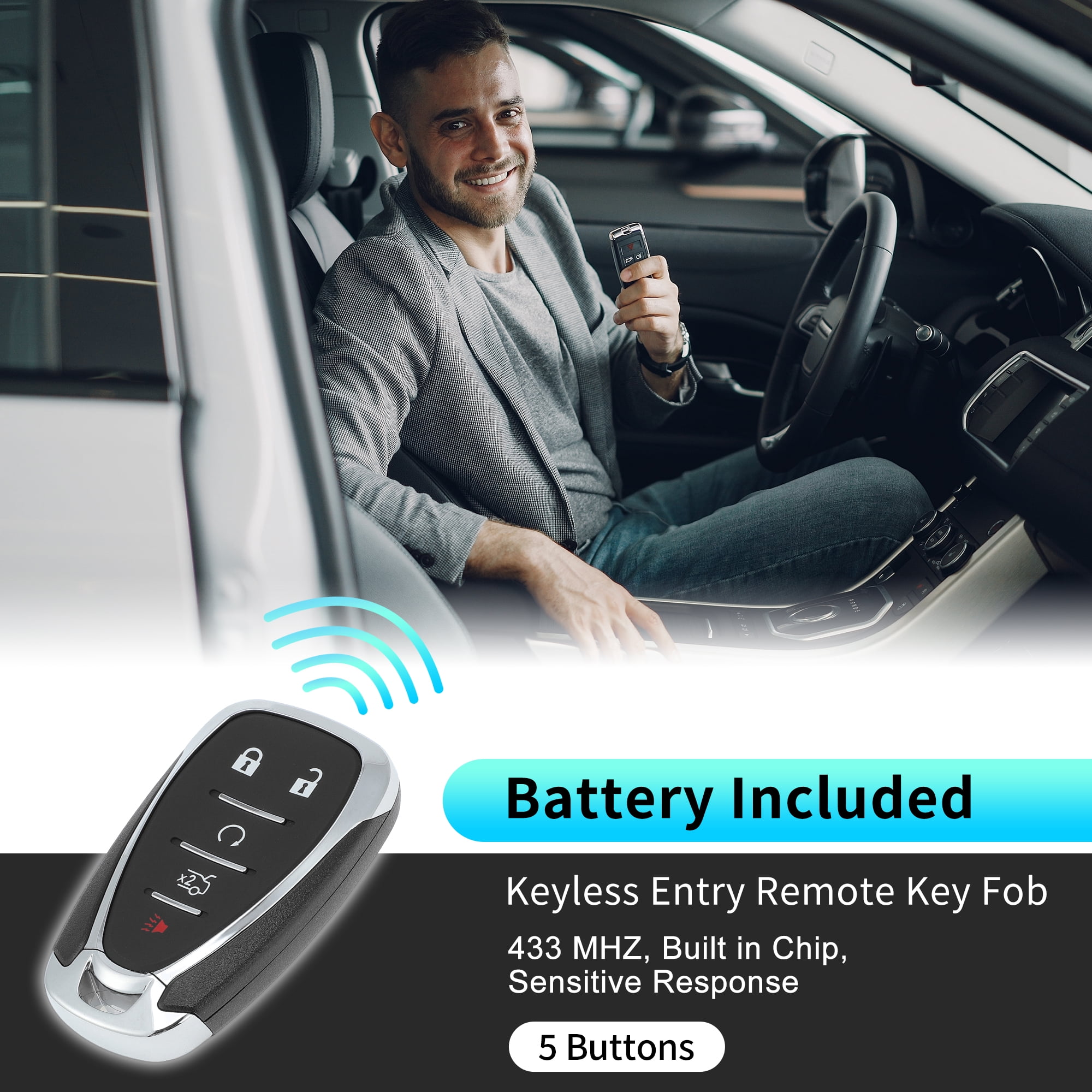HYQ4ES 433 MHz Replacement Keyless Entry Remote Smart Key Fob for Chevrolet Malibu Camaro 2021 2022 2023 No.13522891 5 Buttons