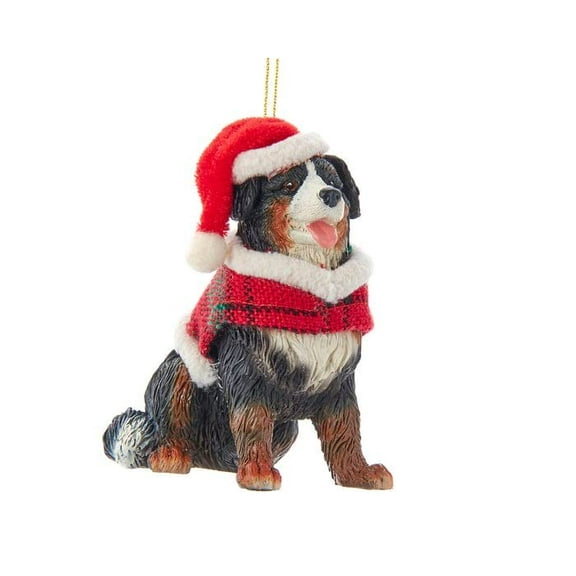 Bernese Mountain Dog With Plaid Coat and Santa Hat Ornament