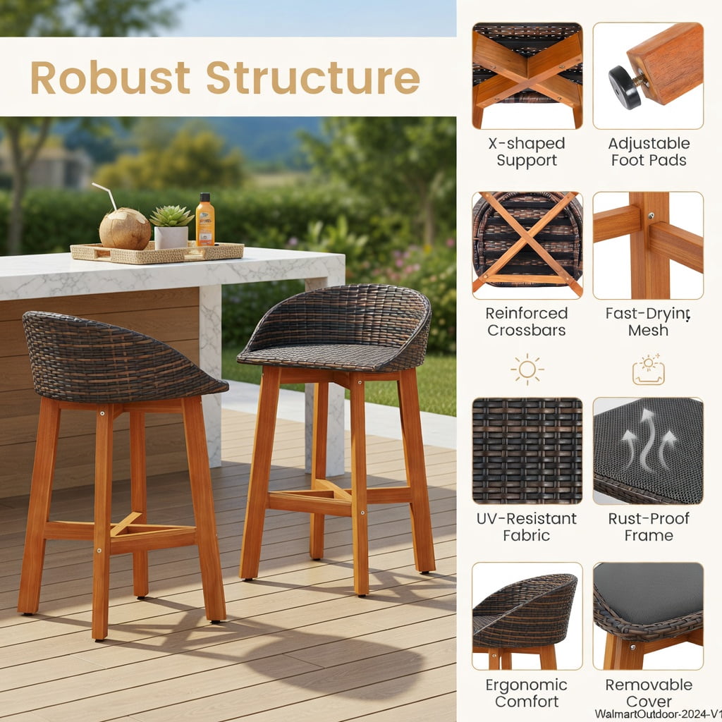 Hommoo 2-Piece Outdoor Bar Chairs Set, PE Rattan & Solid Acacia Wood, Ergonomic Backrest, Footrest, All-Weather Patio Seating, Natural