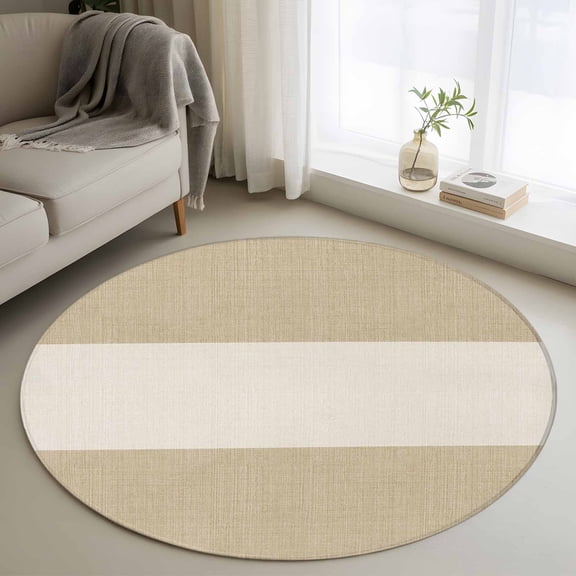 Round Area Rug 3ft, Farm Khaki Vintage Brown Color Block Striped Non-Slip Non-Shedding Floor Mat, Burlap Texture Washable Sturdy Carpet for Living Room Bedroom Home Decor
