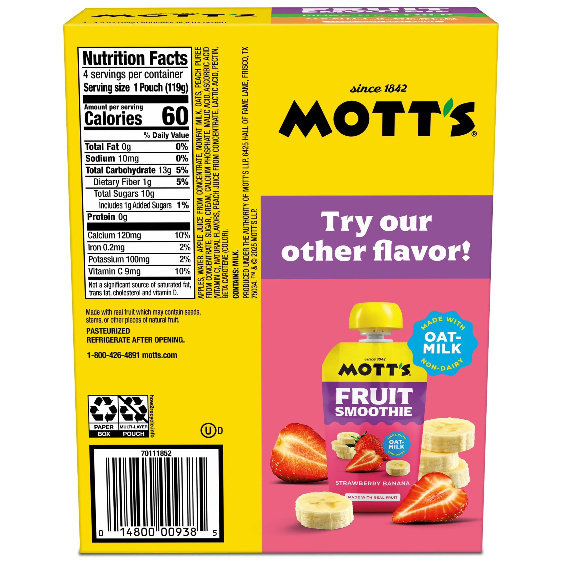 (3 pack) Mott’s Fruit Smoothie Vanilla Peach, 4.2 oz, 4 Pack Pouches