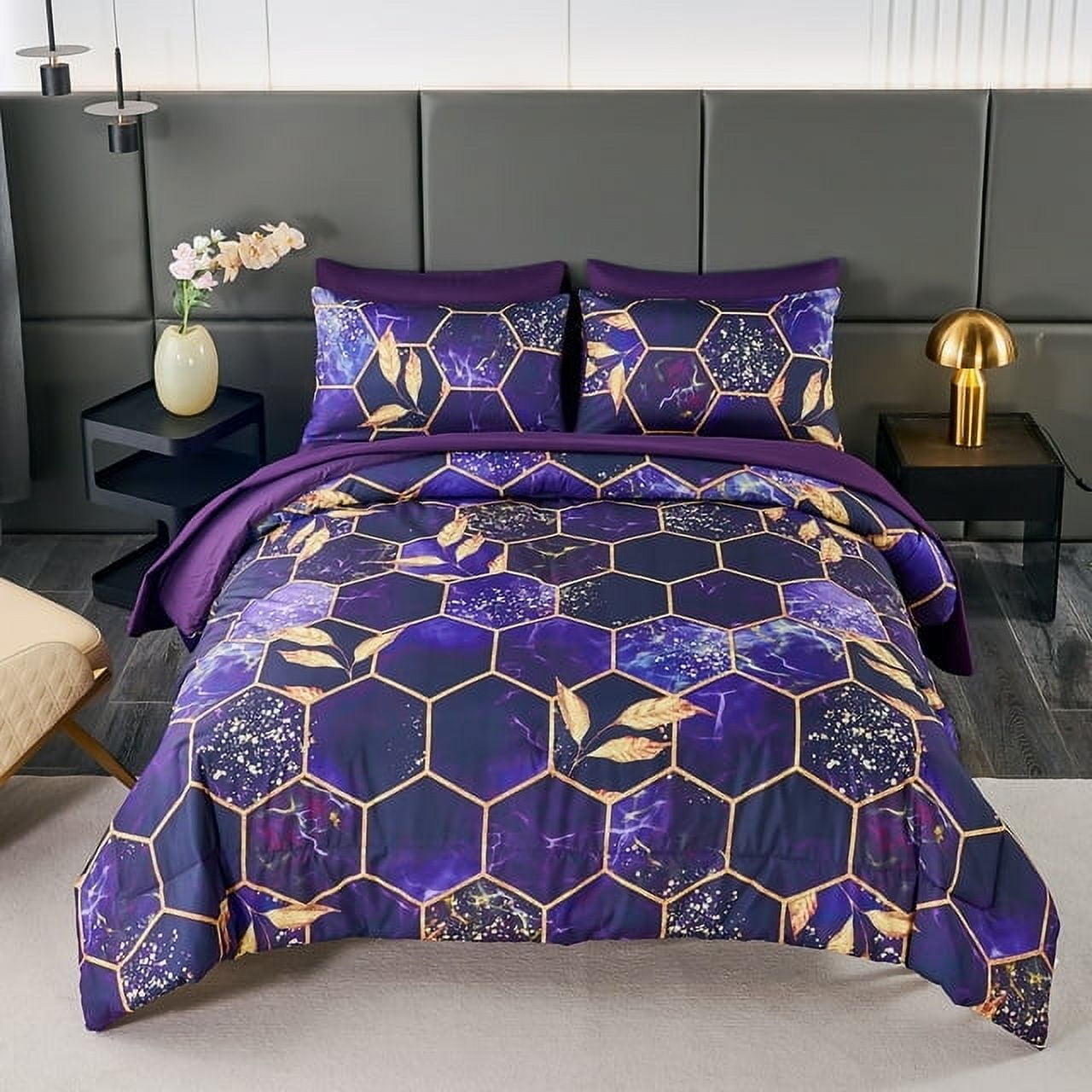 RYNGHIPY Cal King Comforter Set for Men Purple Marble Leaf 3Pcs Bedding Set Boho Geometric Marble Quilt Set with Pillowcases (Purple, Cal King)