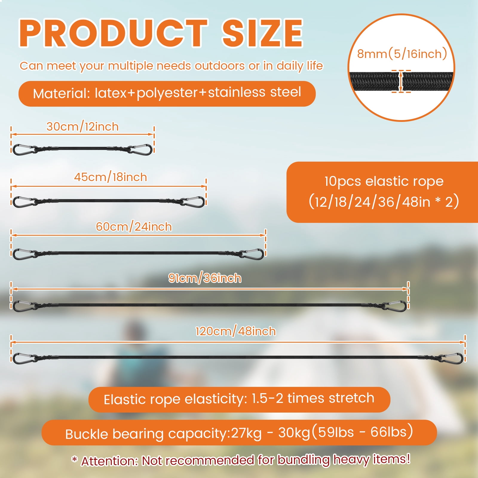 20PCS Bungee Cord with Carabiner Hook Heavy Duty Outdoor Black Bungee Strap Strong Elastic Rope for Securing Tarp Luggage Tent Bike 12in/18in/24in/36in/48in