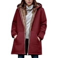 thumbnail image 2 of Women's Fashion Solid Color Zipper Long Sleeve Loose Hooded Mid-length Coat Wine S, 2 of 5