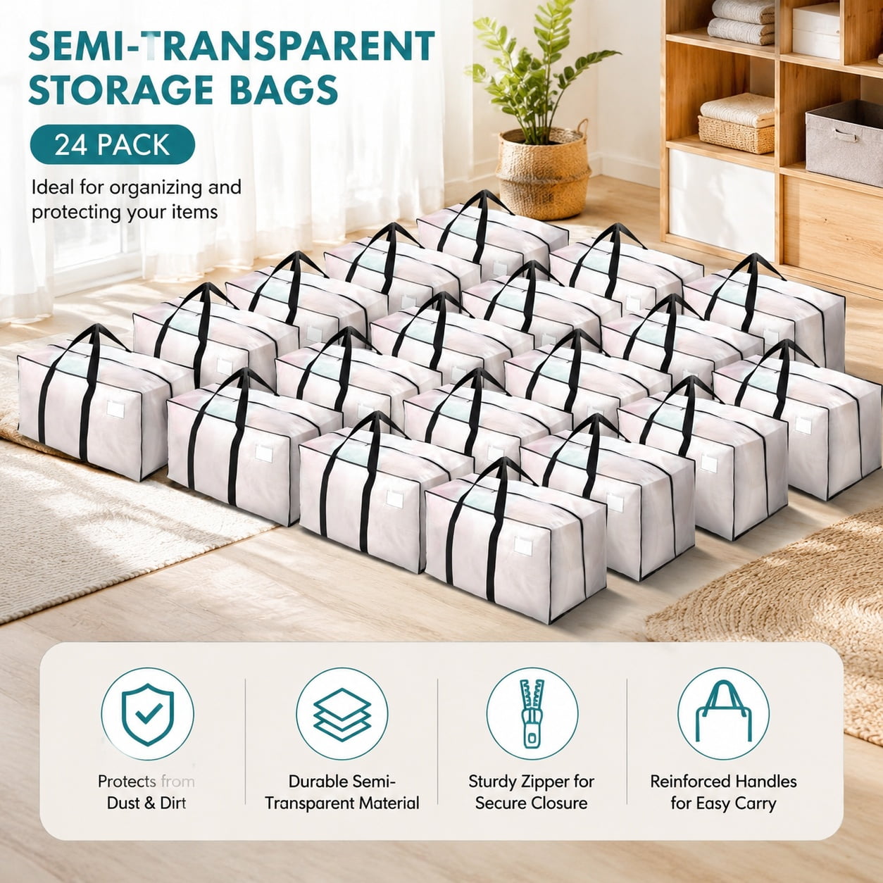 12 Pack Heavy Duty Large Moving Bags with Backpack Straps Strong Handles & Zippers Fold Flat Storage Totes for Space Saving Semi-Transparent Alternative to Moving Boxes and Storage Bins