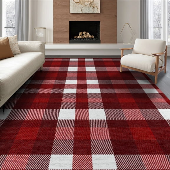 ODIKA 8'x10' Washable Area Rug Non-Shedding, Easy Care, Plaid Festive Tartan Symmetrical Grid Repeating Block Layout for King Size Bedroom Under Bed, Master Suite
