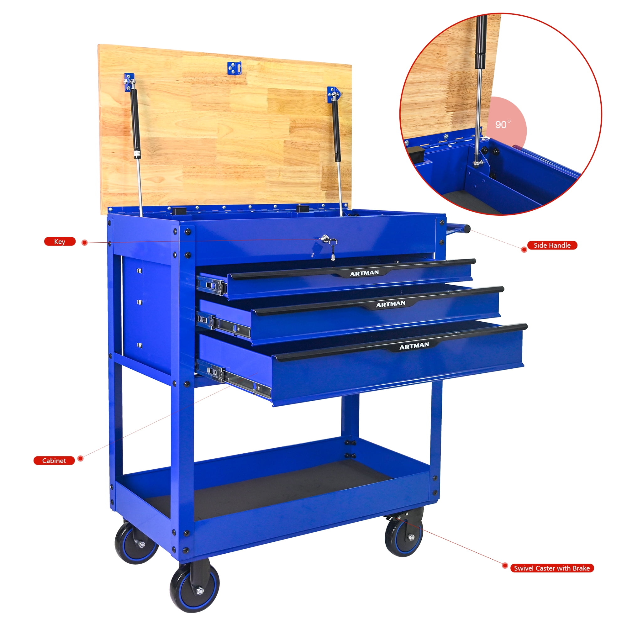 ARTMAN 3 Drawers Rolling Tool Cart, Utility Tool Box with Wheels Wood Top Mechanic Tool Storage Organizer Cabinet, Tool Chest for Garage, Warehouse, Workshop, Repair Shop