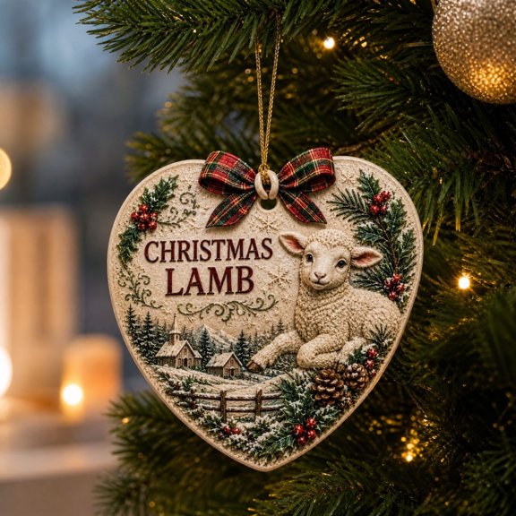syligr Heart Christmas Lamb Ornaments for Tree Decor, Forest Animal Hanging Decor for Mantel Window Wreath, Vintage Christmas Pendant with Paild Bow for Home, Holiday Party Decor Gift, 3.15"