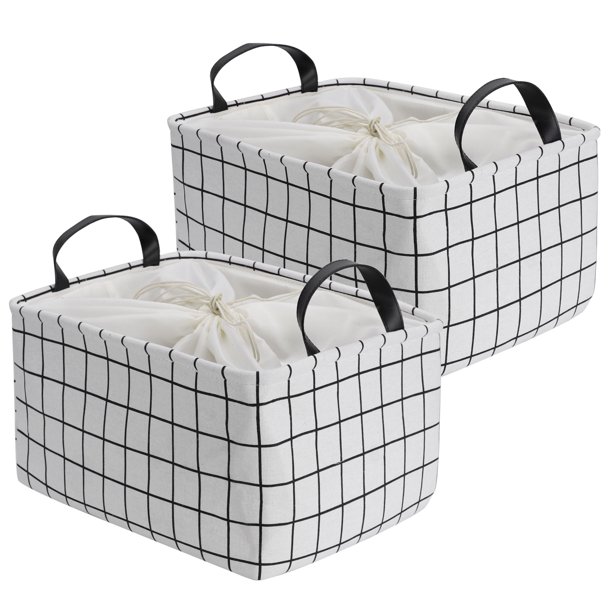 2Pcs Foldable Storage Basket Bin, Fabric Plaids Collapsible Box with Two Handles Unique Bargains Cesta de Almacenamiento