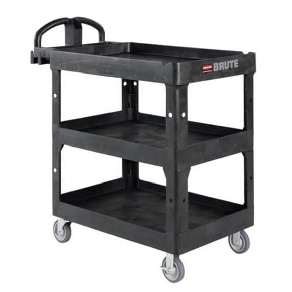 Rubbermaid Commercial 2196862 BRUTE 25.24 in. x 44 in. x 47 in. 3 Shelves 600 lb Capacity Resin 3-Shelf Heavy-Duty Ergo Lipped Utility Cart - Black
